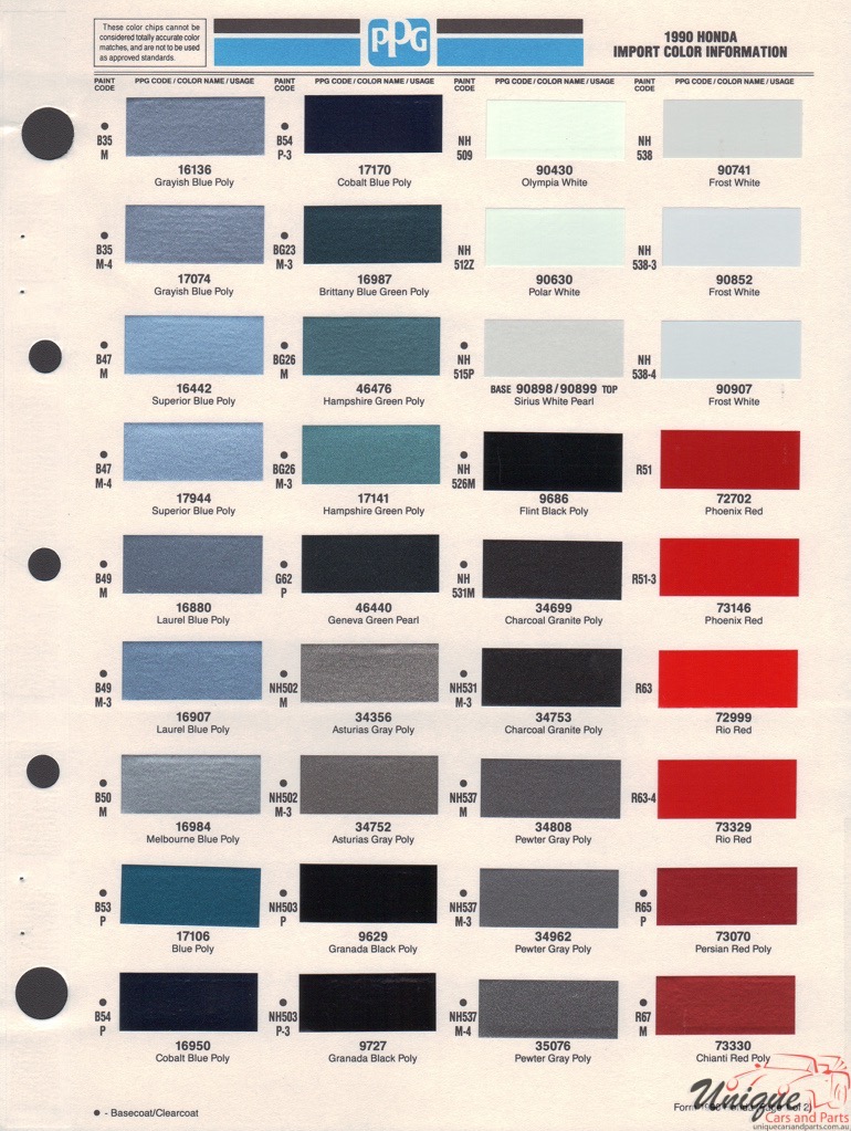 1990 Honda Paint Charts PPG 1